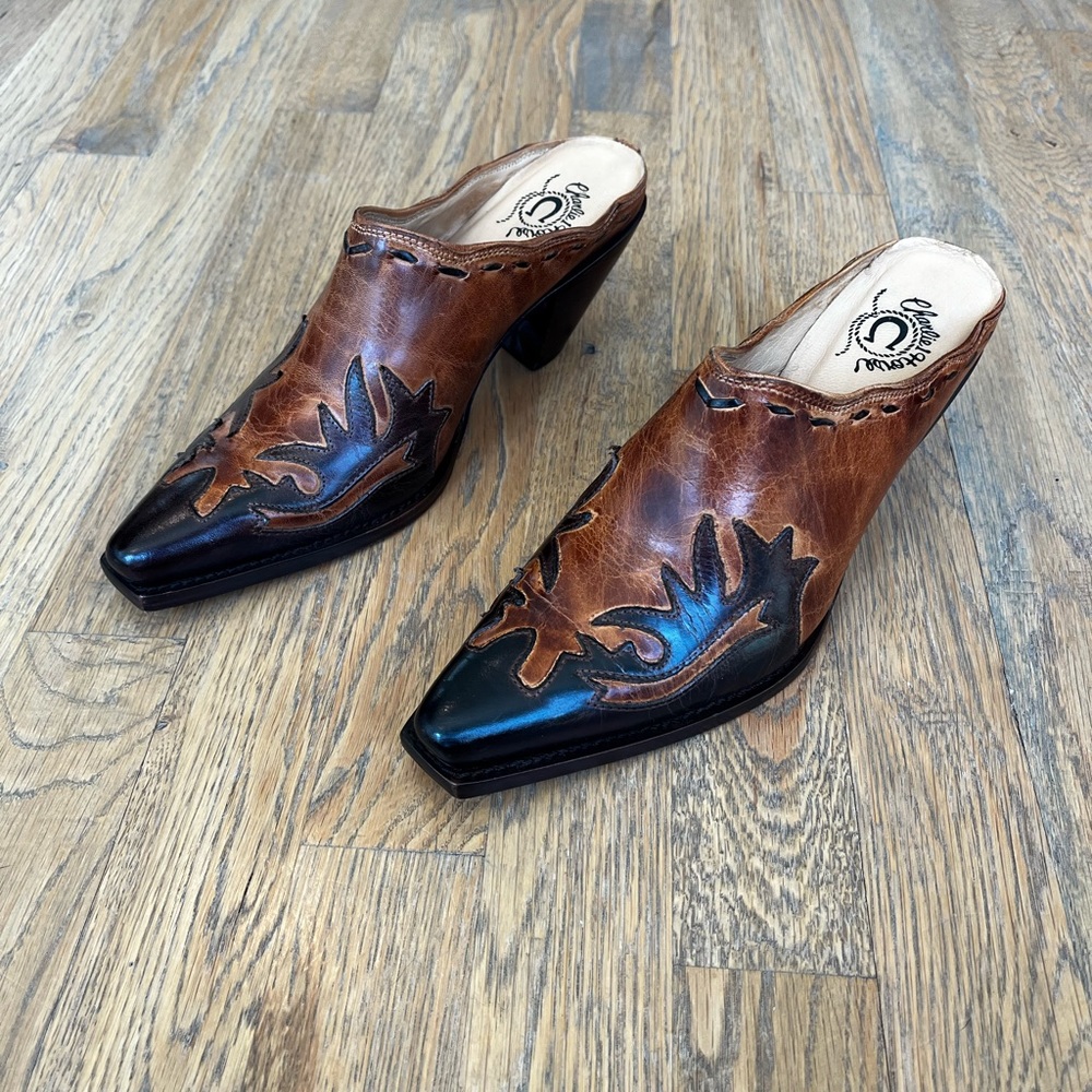 Caramel and dark brown Charlie Horse western heeled mules size 7 1/2